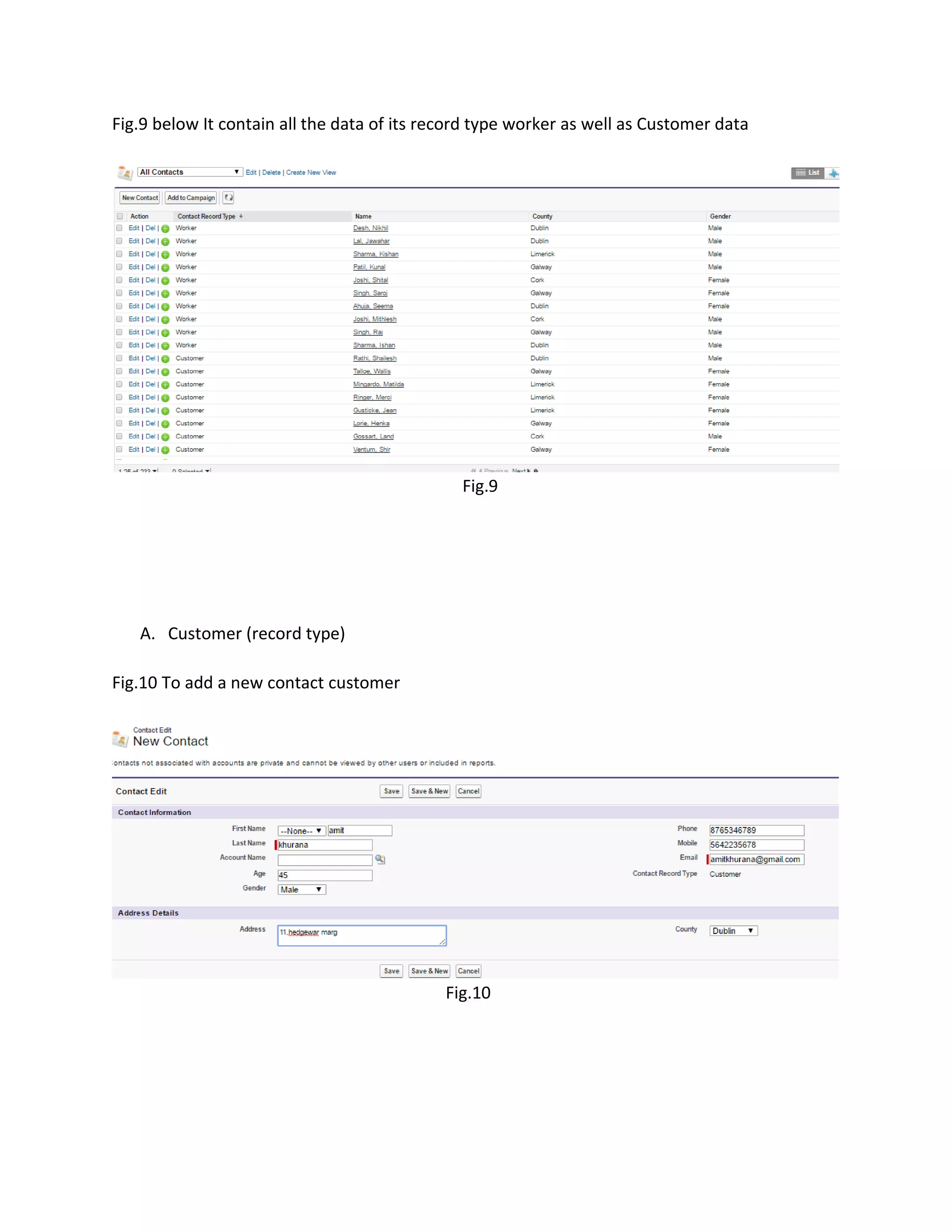 Fig.9 below It contain all the data of its record type worker as well as Customer data
Fig.9
A. Customer (record type)
Fig.10 To add a new contact customer
Fig.10
 