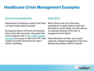 Healthcare Crisis Management Examples

Scott and White Health Care                    Motrin Moms

Responded to shooting a...