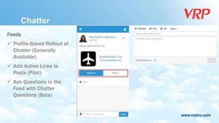 www.vrpinc.com
Feeds
 Profile-Based Rollout of
Chatter (Generally
Available)
 Add Action Links to
Posts (Pilot)
 Ask Questions in the
Feed with Chatter
Questions (Beta)
Chatter
 