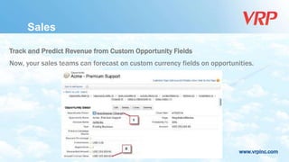 www.vrpinc.com
Track and Predict Revenue from Custom Opportunity Fields
Now, your sales teams can forecast on custom currency fields on opportunities.
Sales
 