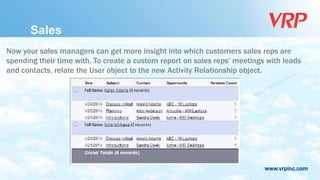 www.vrpinc.com
Now your sales managers can get more insight into which customers sales reps are
spending their time with. To create a custom report on sales reps’ meetings with leads
and contacts, relate the User object to the new Activity Relationship object.
Sales
 