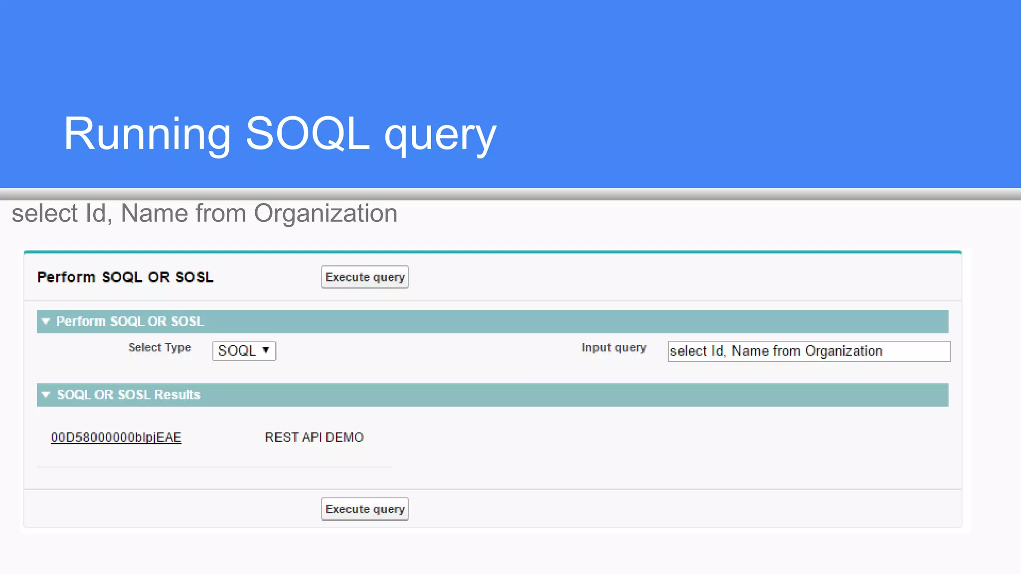 Running SOQL query
select Id, Name from Organization
 