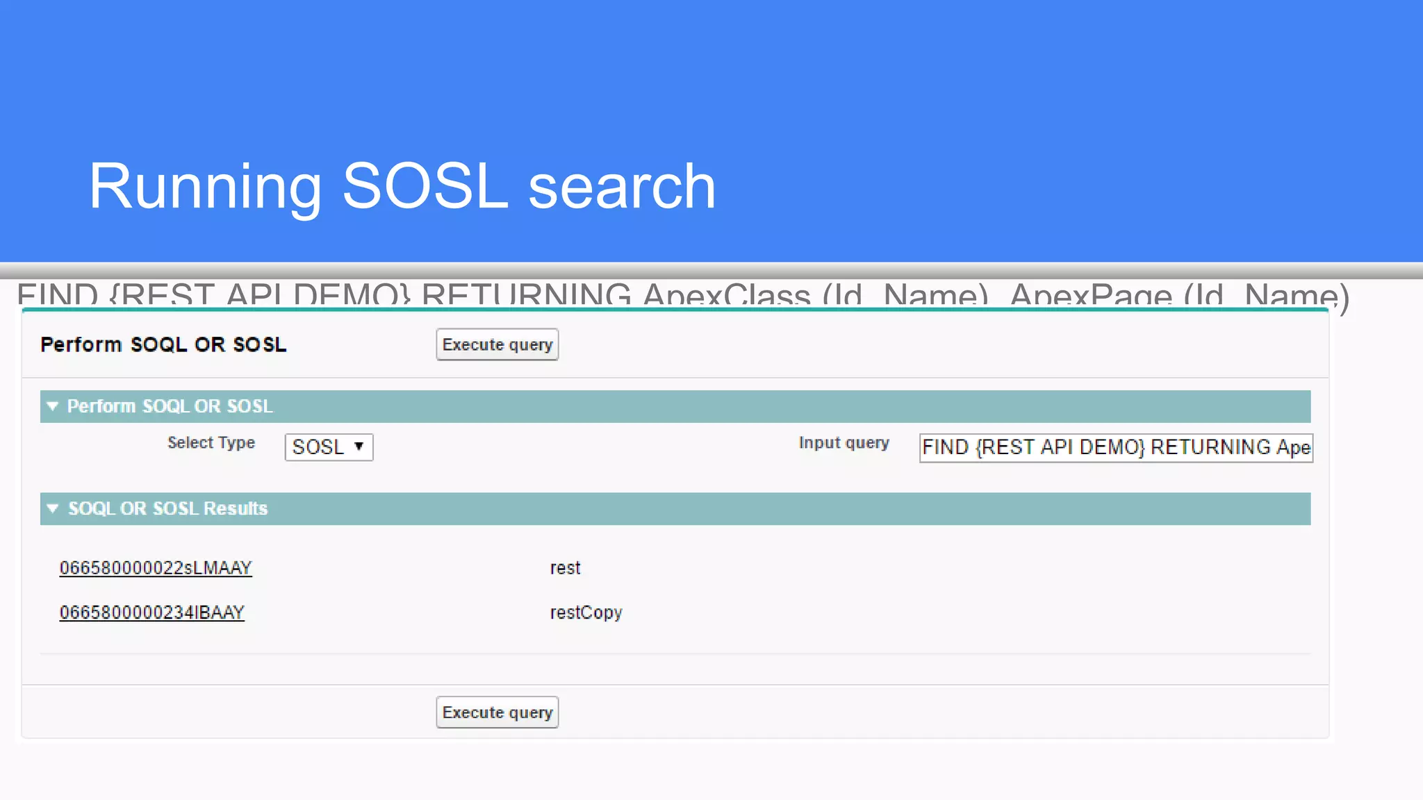 Running SOSL search
FIND {REST API DEMO} RETURNING ApexClass (Id, Name), ApexPage (Id, Name)
 