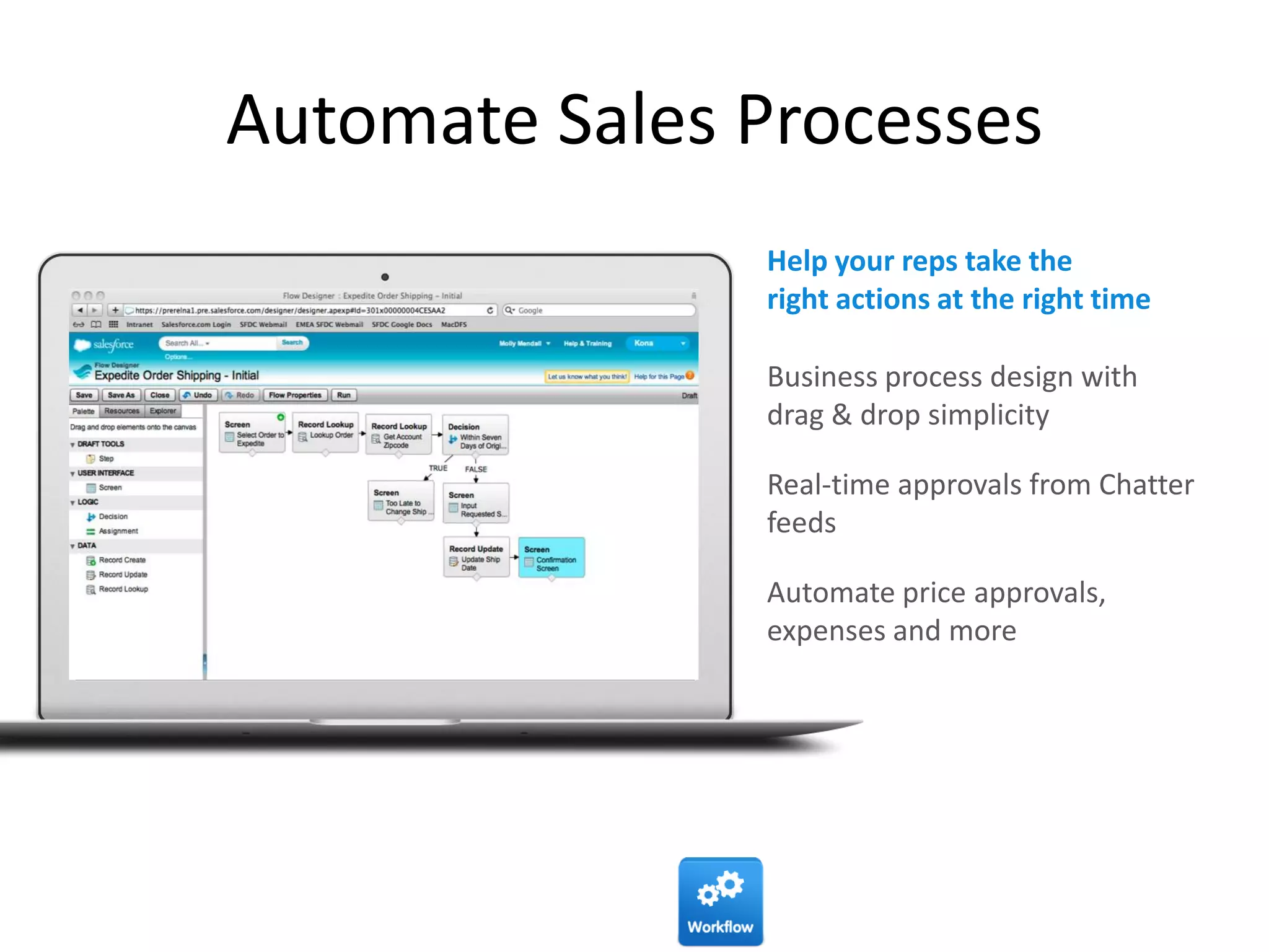 Automate Sales Processes
Business process design with
drag & drop simplicity
Real-time approvals from Chatter
feeds
Automate price approvals,
expenses and more
Help your reps take the
right actions at the right time
 
