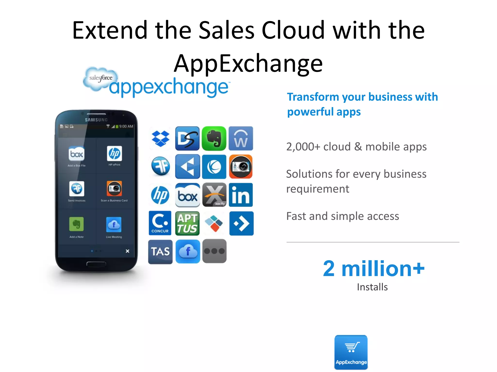 2,000+ cloud & mobile apps
Solutions for every business
requirement
Fast and simple access
Extend the Sales Cloud with the
AppExchange
Transform your business with
powerful apps
2 million+
Installs
 