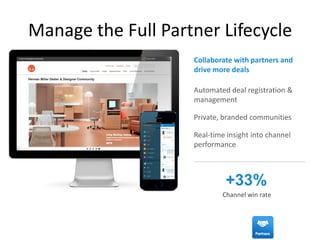 Automated deal registration &
management
Private, branded communities
Real-time insight into channel
performance
Manage the Full Partner Lifecycle
+33%
Channel win rate
Collaborate with partners and
drive more deals
 