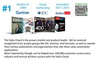 #1
World’s #1
CRM
Cloud
Computing
Innovation
2011, 2012
The Sales Cloud is the proven market and product leader. We’ve received
recognition from analyst groups like IDC, Gartner, and Forrester, as well as awards
from various publications and organizations that rate these sales automation
applications.
Most importantly though, we’ve helped over 100,000 customers across every
industry and vertical achieve success with the Sales Cloud.
 