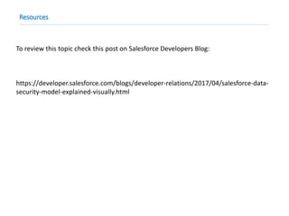 Resources
To review this topic check this post on Salesforce Developers Blog:
https://developer.salesforce.com/blogs/developer-relations/2017/04/salesforce-data-
security-model-explained-visually.html
 