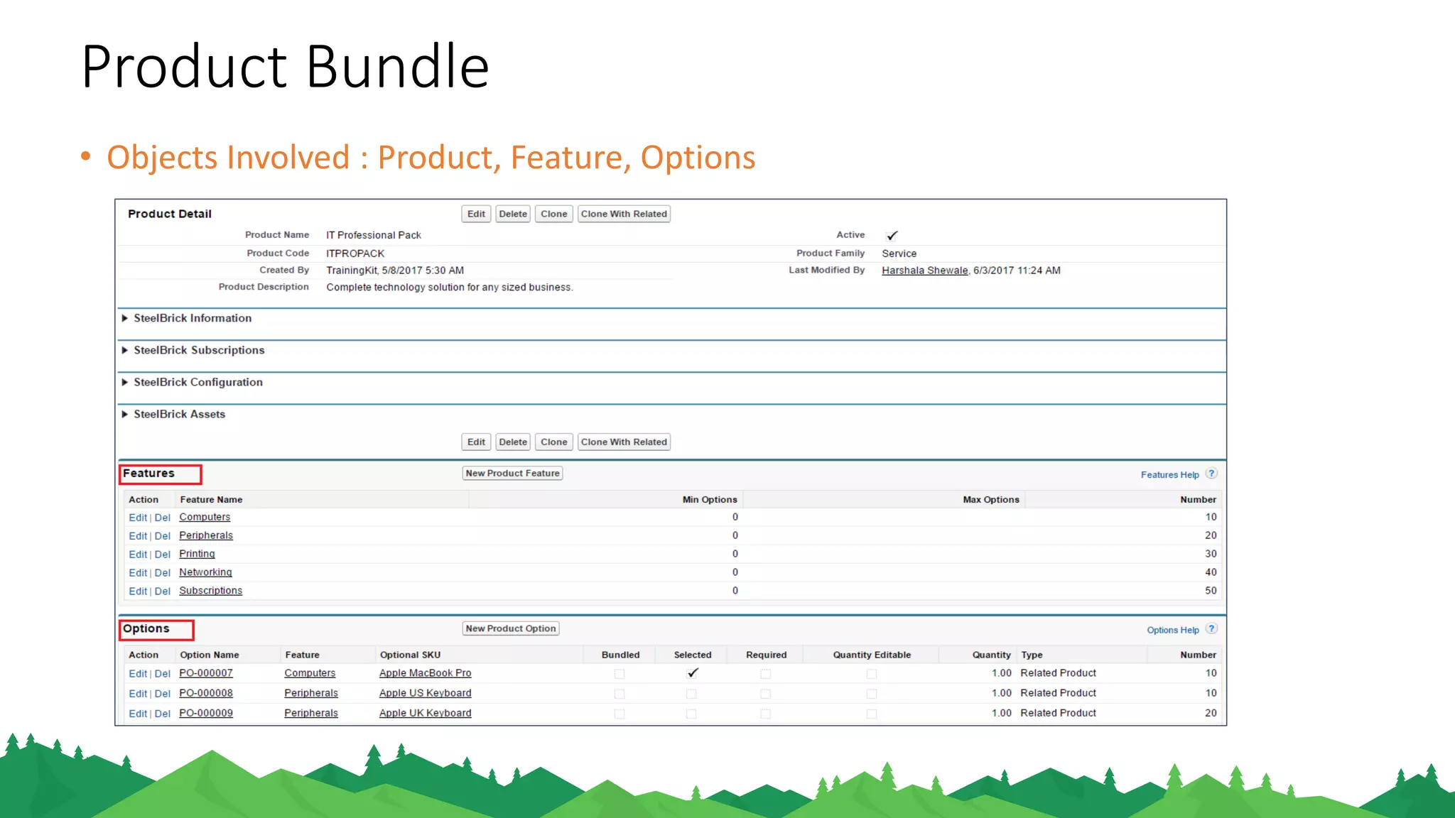Product Bundle
• Objects Involved : Product, Feature, Options
 