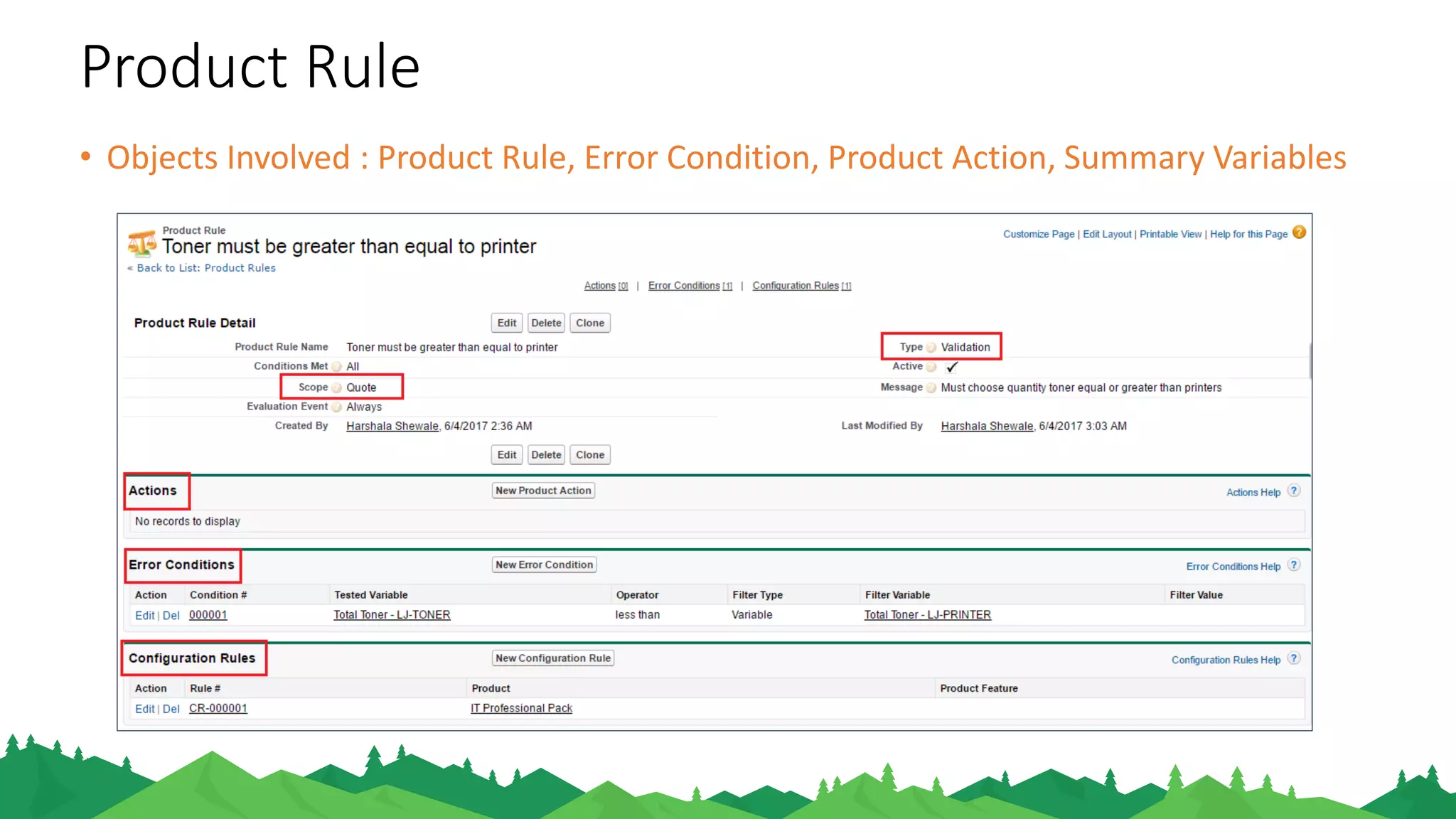 Product Rule
• Objects Involved : Product Rule, Error Condition, Product Action, Summary Variables
 
