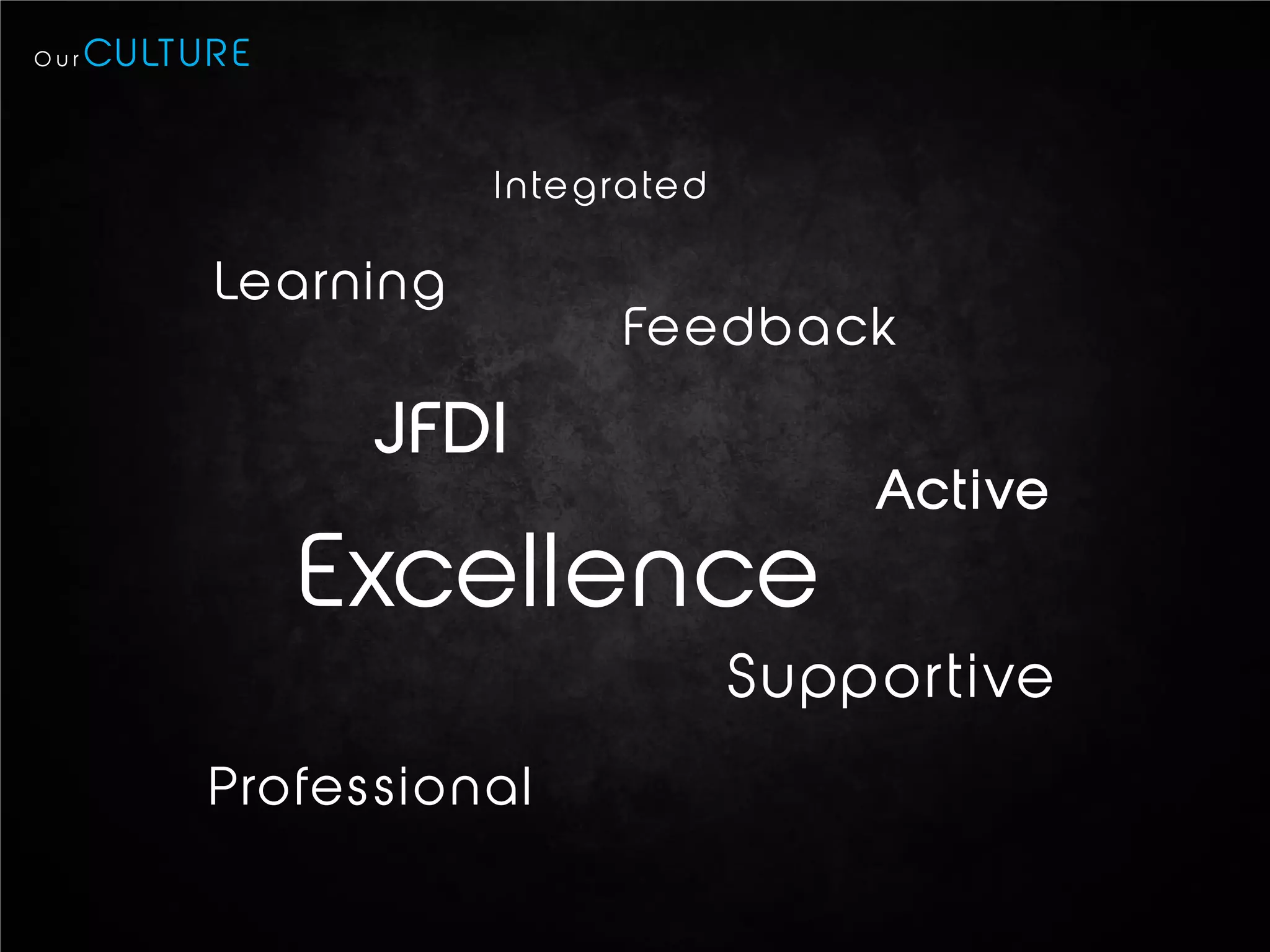Our   C U LT U R E


                                I n te g ra te d

               Le a rn i n g
                                         Fe ed b a c k

                         JFDI
                                                       Ac t ive

                     Excellence
                                                   Supportive
               P ro fes s i o n a l
 