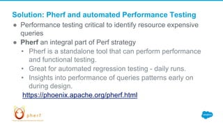 Solution: Pherf and automated Performance Testing
● Performance testing critical to identify resource expensive
queries
● Pherf an integral part of Perf strategy
• Pherf is a standalone tool that can perform performance
and functional testing.
• Great for automated regression testing - daily runs.
• Insights into performance of queries patterns early on
during design.
https://phoenix.apache.org/pherf.html
 