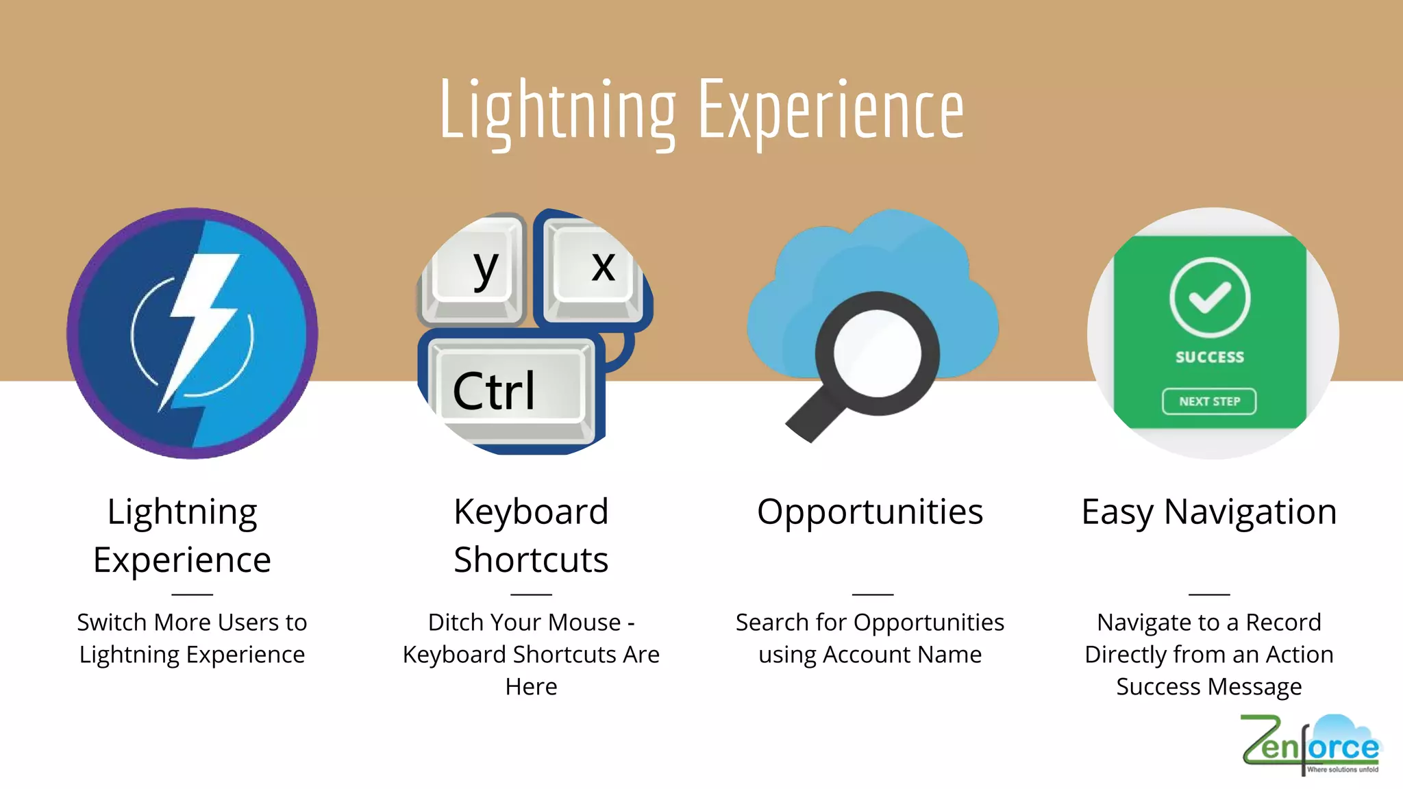 Search for Opportunities
using Account Name
Lightning Experience
Lightning
Experience
Switch More Users to
Lightning Experience
Keyboard
Shortcuts
Ditch Your Mouse -
Keyboard Shortcuts Are
Here
Opportunities Easy Navigation
Navigate to a Record
Directly from an Action
Success Message
 