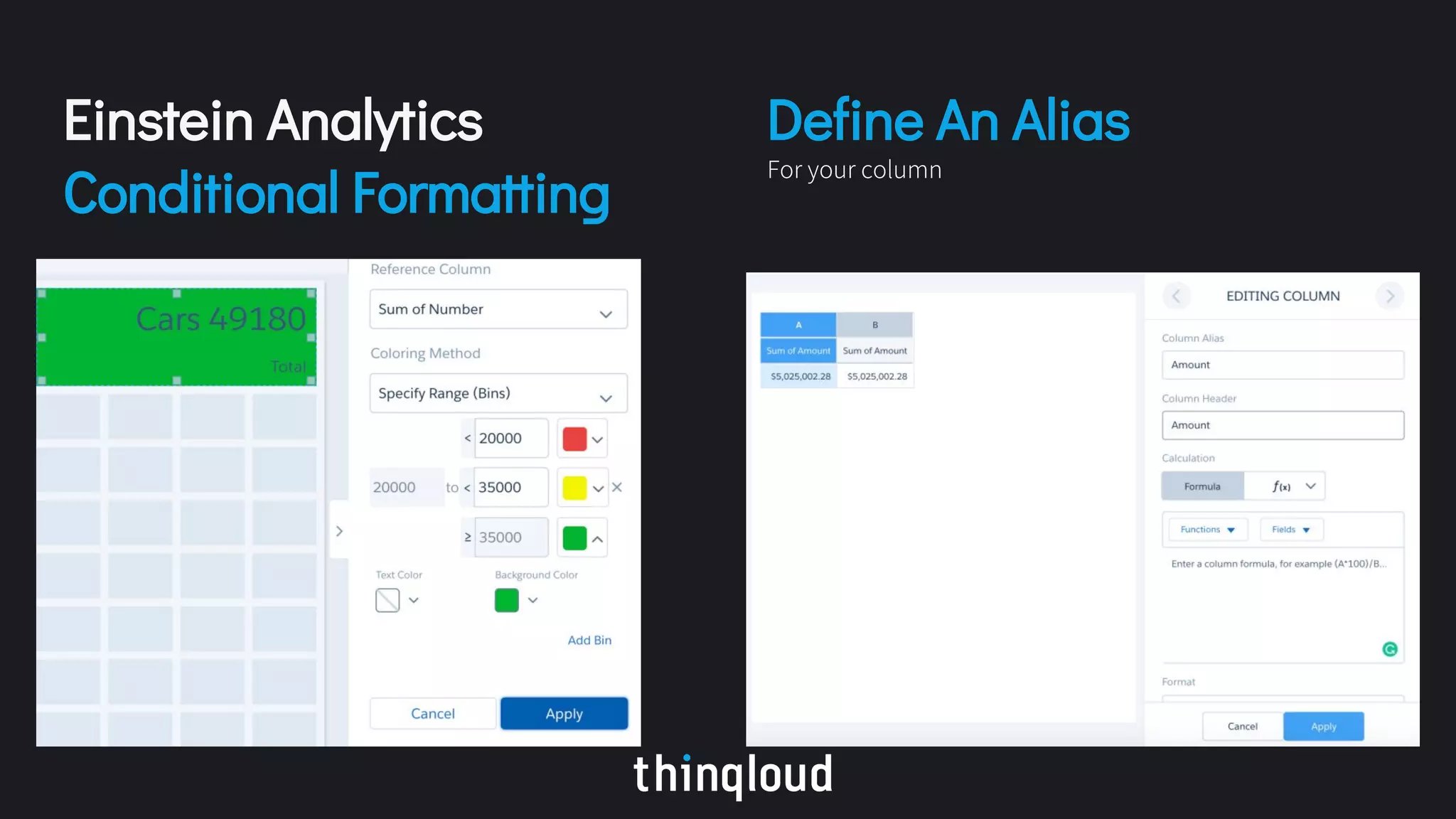 Einstein Analytics
Conditional Formatting
Define An Alias
For your column
 
