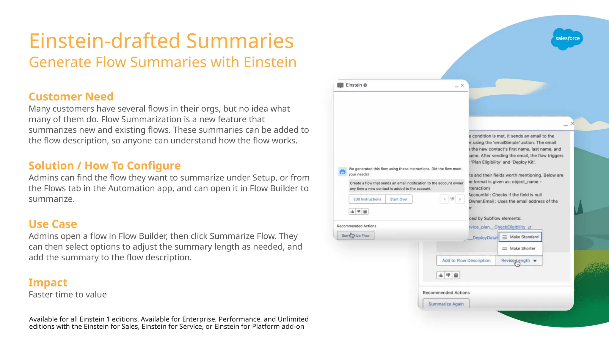 Einstein-drafted Summaries
Generate Flow Summaries with Einstein
Customer Need
Many customers have several flows in their orgs, but no idea what
many of them do. Flow Summarization is a new feature that
summarizes new and existing flows. These summaries can be added to
the flow description, so anyone can understand how the flow works.
Solution / How To Configure
Admins can find the flow they want to summarize under Setup, or from
the Flows tab in the Automation app, and can open it in Flow Builder to
summarize.
Use Case
Admins open a flow in Flow Builder, then click Summarize Flow. They
can then select options to adjust the summary length as needed, and
add the summary to the flow description.
Impact
Faster time to value
Available for all Einstein 1 editions. Available for Enterprise, Performance, and Unlimited
editions with the Einstein for Sales, Einstein for Service, or Einstein for Platform add-on
 