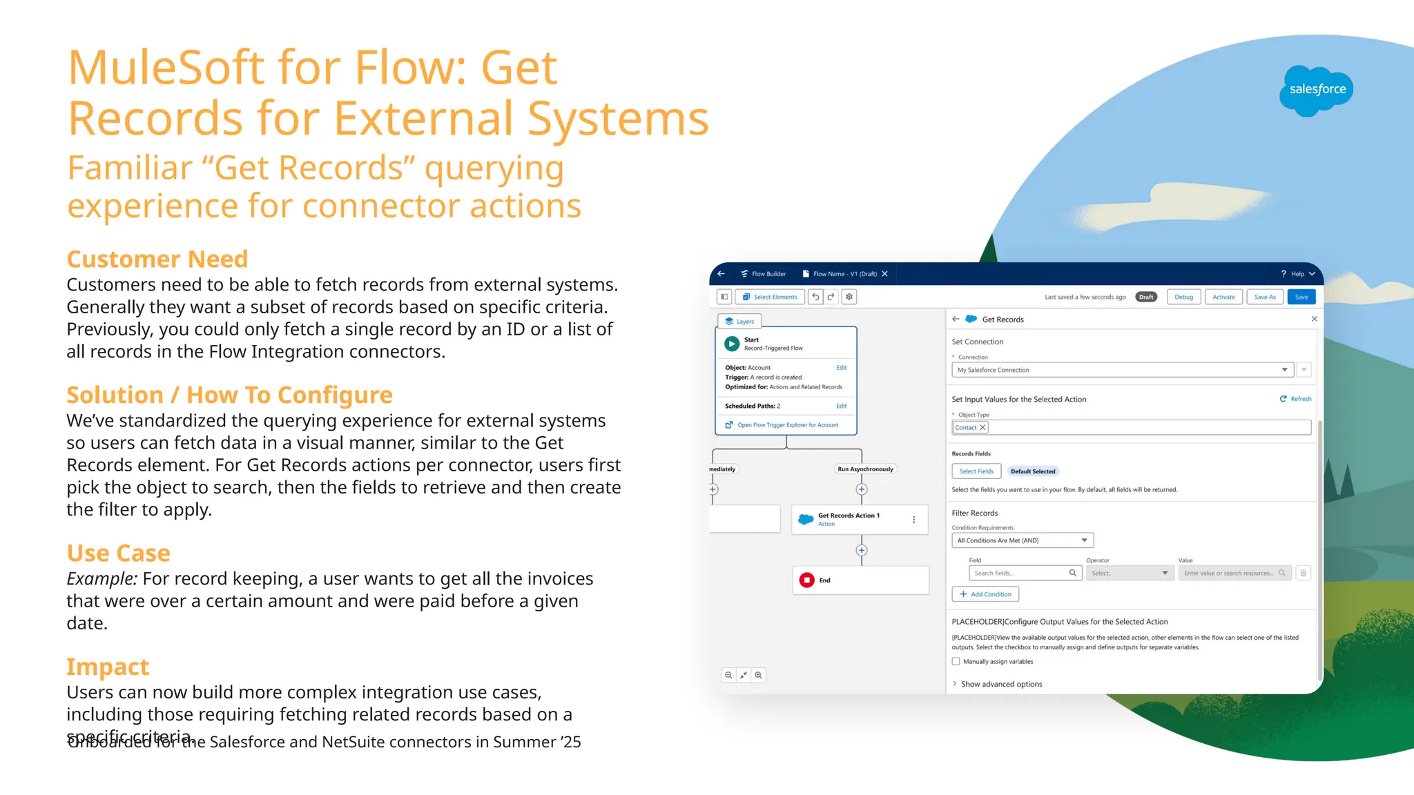 Onboarded for the Salesforce and NetSuite connectors in Summer ’25
Customer Need
Customers need to be able to fetch records from external systems.
Generally they want a subset of records based on specific criteria.
Previously, you could only fetch a single record by an ID or a list of
all records in the Flow Integration connectors.
Solution / How To Configure
We’ve standardized the querying experience for external systems
so users can fetch data in a visual manner, similar to the Get
Records element. For Get Records actions per connector, users first
pick the object to search, then the fields to retrieve and then create
the filter to apply.
Use Case
Example: For record keeping, a user wants to get all the invoices
that were over a certain amount and were paid before a given
date.
Impact
Users can now build more complex integration use cases,
including those requiring fetching related records based on a
specific criteria.
MuleSoft for Flow: Get
Records for External Systems
Familiar “Get Records” querying
experience for connector actions
 