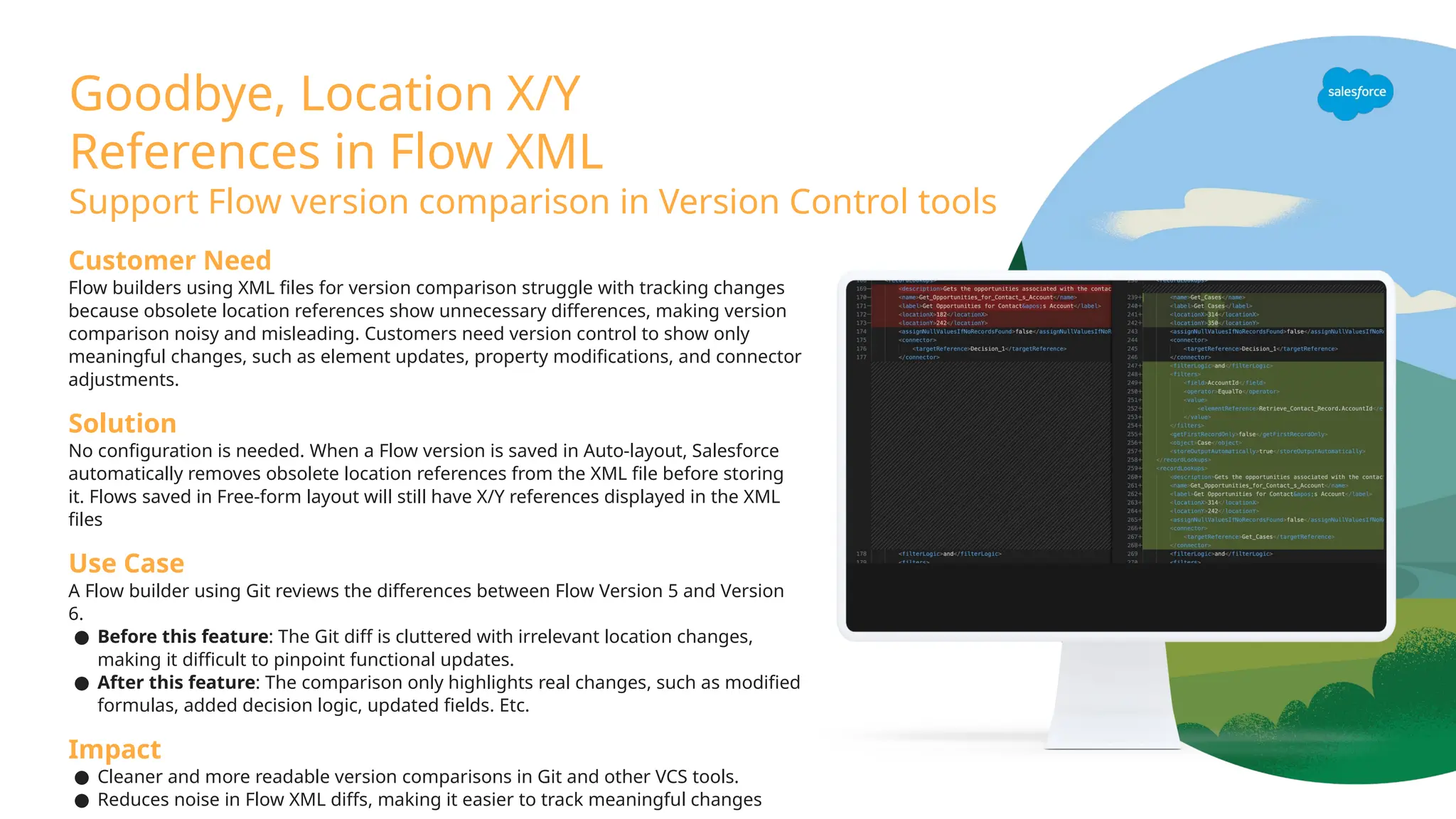 Customer Need
Flow builders using XML files for version comparison struggle with tracking changes
because obsolete location references show unnecessary differences, making version
comparison noisy and misleading. Customers need version control to show only
meaningful changes, such as element updates, property modifications, and connector
adjustments.
Solution
No configuration is needed. When a Flow version is saved in Auto-layout, Salesforce
automatically removes obsolete location references from the XML file before storing
it. Flows saved in Free-form layout will still have X/Y references displayed in the XML
files
Use Case
A Flow builder using Git reviews the differences between Flow Version 5 and Version
6.
● Before this feature: The Git diff is cluttered with irrelevant location changes,
making it difficult to pinpoint functional updates.
● After this feature: The comparison only highlights real changes, such as modified
formulas, added decision logic, updated fields. Etc.
Impact
● Cleaner and more readable version comparisons in Git and other VCS tools.
● Reduces noise in Flow XML diffs, making it easier to track meaningful changes
Goodbye, Location X/Y
References in Flow XML
Support Flow version comparison in Version Control tools
 