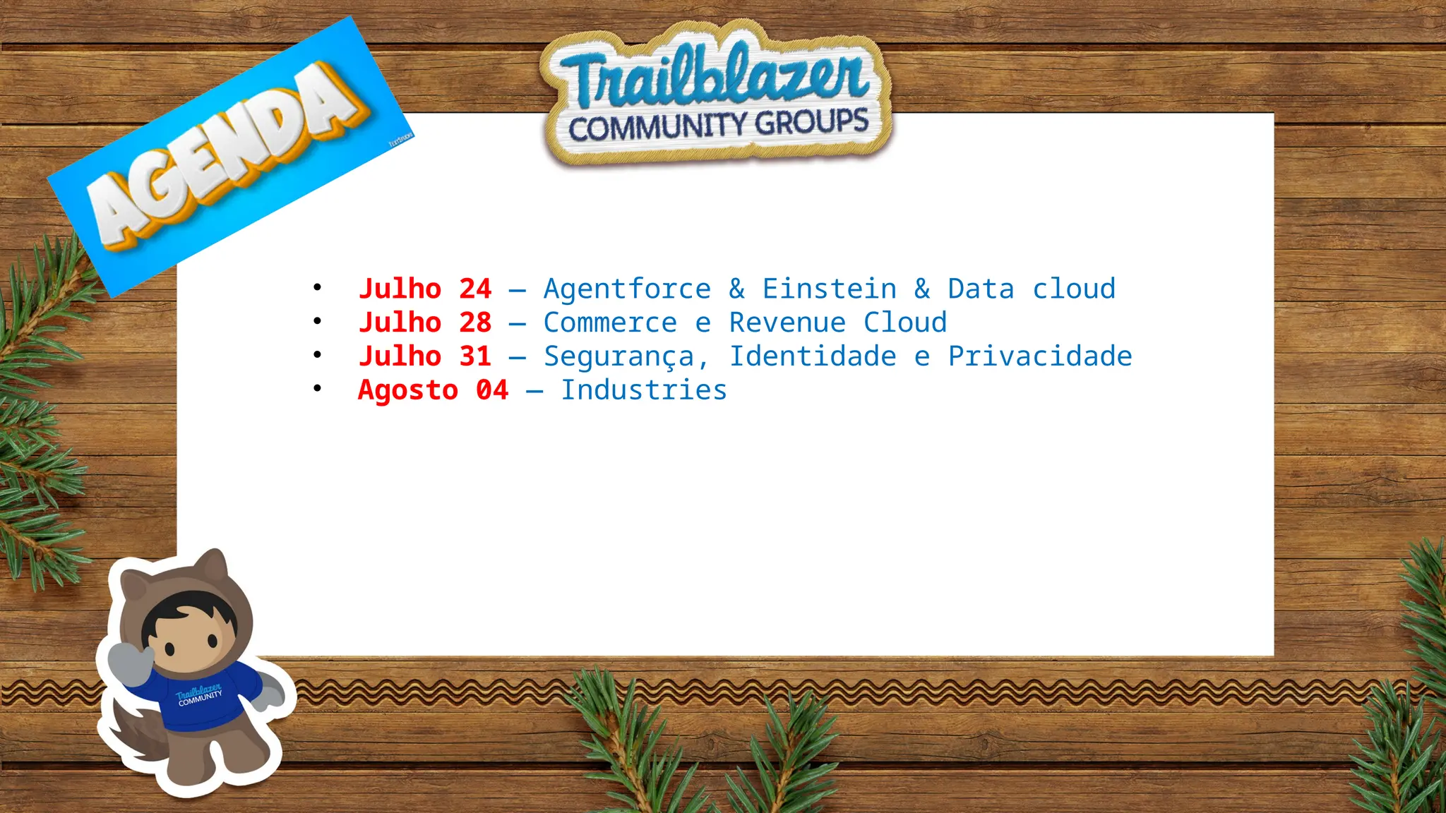 • Julho 24 — Agentforce & Einstein & Data cloud
• Julho 28 — Commerce e Revenue Cloud
• Julho 31 — Segurança, Identidade e Privacidade
• Agosto 04 — Industries
 