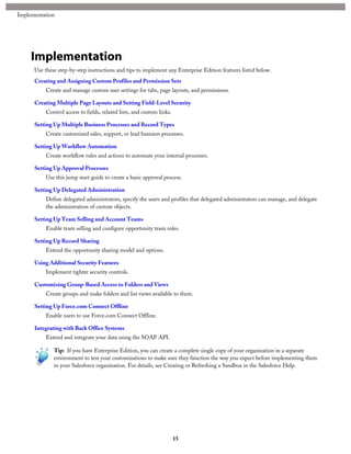 Implementation
Use these step-by-step instructions and tips to implement any Enterprise Edition features listed below.
Creating and Assigning Custom Profiles and Permission Sets
Create and manage custom user settings for tabs, page layouts, and permissions.
Creating Multiple Page Layouts and Setting Field-Level Security
Control access to fields, related lists, and custom links.
Setting Up Multiple Business Processes and Record Types
Create customized sales, support, or lead business processes.
Setting Up Workflow Automation
Create workflow rules and actions to automate your internal processes.
Setting Up Approval Processes
Use this jump start guide to create a basic approval process.
Setting Up Delegated Administration
Define delegated administrators, specify the users and profiles that delegated administrators can manage, and delegate
the administration of custom objects.
Setting Up Team Selling and Account Teams
Enable team selling and configure opportunity team roles.
Setting Up Record Sharing
Extend the opportunity sharing model and options.
Using Additional Security Features
Implement tighter security controls.
Customizing Group-Based Access to Folders and Views
Create groups and make folders and list views available to them.
Setting Up Force.com Connect Offline
Enable users to use Force.com Connect Offline.
Integrating with Back Office Systems
Extend and integrate your data using the SOAP API.
Tip: If you have Enterprise Edition, you can create a complete single copy of your organization in a separate
environment to test your customizations to make sure they function the way you expect before implementing them
in your Salesforce organization. For details, see Creating or Refreshing a Sandbox in the Salesforce Help.
15
Implementation
 