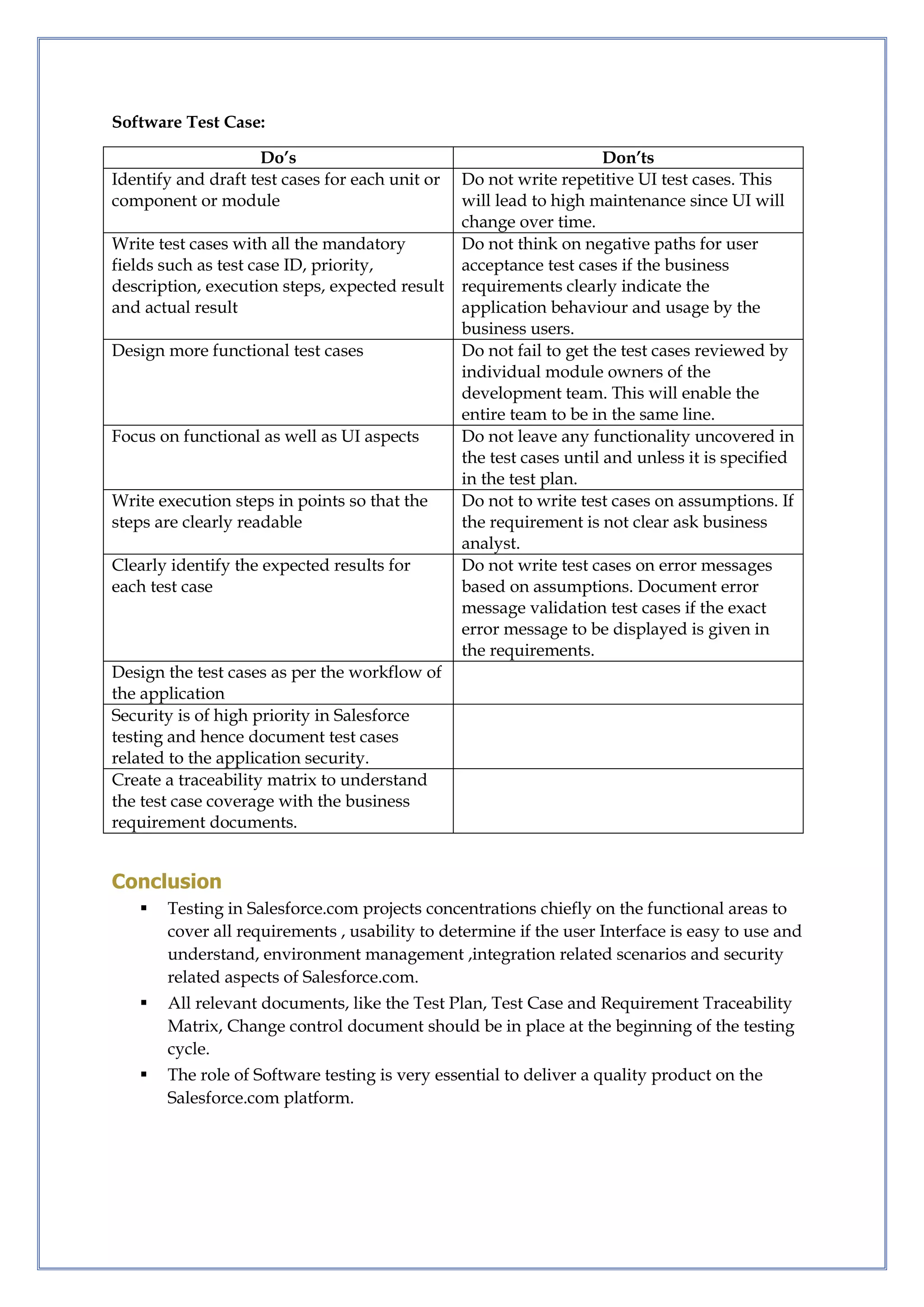 Software Test Case:
Do’s Don’ts
Identify and draft test cases for each unit or
component or module
Do not write repetitive UI test cases. This
will lead to high maintenance since UI will
change over time.
Write test cases with all the mandatory
fields such as test case ID, priority,
description, execution steps, expected result
and actual result
Do not think on negative paths for user
acceptance test cases if the business
requirements clearly indicate the
application behaviour and usage by the
business users.
Design more functional test cases Do not fail to get the test cases reviewed by
individual module owners of the
development team. This will enable the
entire team to be in the same line.
Focus on functional as well as UI aspects Do not leave any functionality uncovered in
the test cases until and unless it is specified
in the test plan.
Write execution steps in points so that the
steps are clearly readable
Do not to write test cases on assumptions. If
the requirement is not clear ask business
analyst.
Clearly identify the expected results for
each test case
Do not write test cases on error messages
based on assumptions. Document error
message validation test cases if the exact
error message to be displayed is given in
the requirements.
Design the test cases as per the workflow of
the application
Security is of high priority in Salesforce
testing and hence document test cases
related to the application security.
Create a traceability matrix to understand
the test case coverage with the business
requirement documents.
Conclusion
 Testing in Salesforce.com projects concentrations chiefly on the functional areas to
cover all requirements , usability to determine if the user Interface is easy to use and
understand, environment management ,integration related scenarios and security
related aspects of Salesforce.com.
 All relevant documents, like the Test Plan, Test Case and Requirement Traceability
Matrix, Change control document should be in place at the beginning of the testing
cycle.
 The role of Software testing is very essential to deliver a quality product on the
Salesforce.com platform.
 