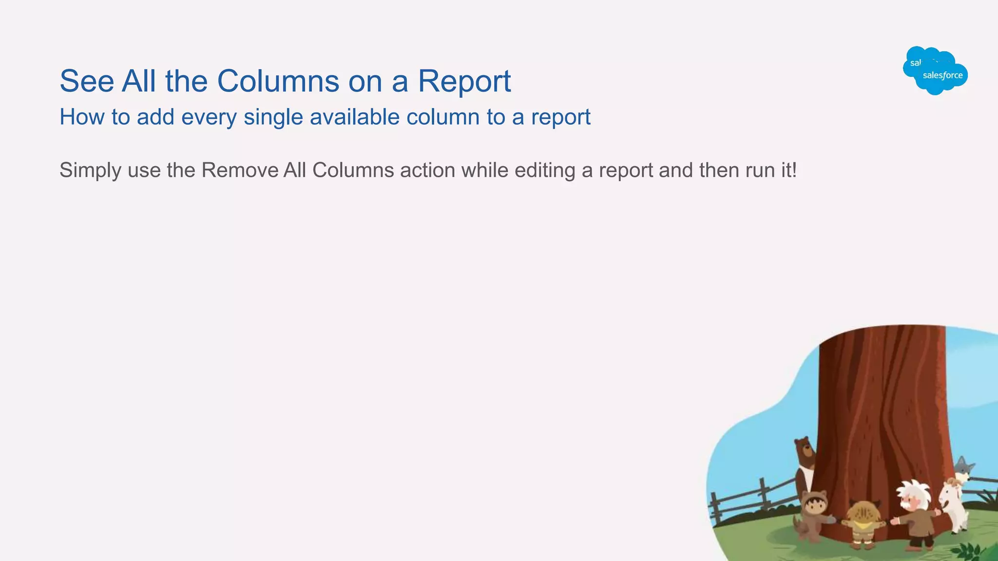 See All the Columns on a Report
Simply use the Remove All Columns action while editing a report and then run it!
How to add every single available column to a report
 
