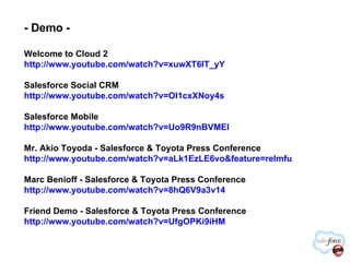 - Demo -

Welcome to Cloud 2
http://www.youtube.com/watch?v=xuwXT6IT_yY

Salesforce Social CRM
http://www.youtube.com/watch?v=OI1cxXNoy4s

Salesforce Mobile
http://www.youtube.com/watch?v=Uo9R9nBVMEI

Mr. Akio Toyoda - Salesforce & Toyota Press Conference
http://www.youtube.com/watch?v=aLk1EzLE6vo&feature=relmfu

Marc Benioff - Salesforce & Toyota Press Conference
http://www.youtube.com/watch?v=8hQ6V9a3v14

Friend Demo - Salesforce & Toyota Press Conference
http://www.youtube.com/watch?v=UfgOPKi9iHM
 