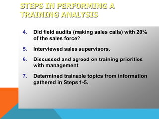 4. Did field audits (making sales calls) with 20%
of the sales force?
5. Interviewed sales supervisors.
6. Discussed and a...