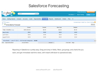 Salesforce Forecasting
www.softwarefit.com @softwarefit
Reporting in Salesforce is pretty easy. Drag and drop in fields, filters, groupings, and charts the you
want, and get immediate real-time views, with instant drill-down to operational data.
 