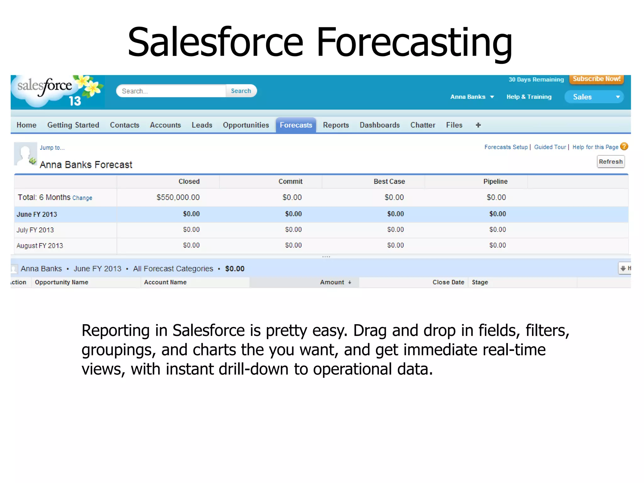 Salesforce Forecasting
Reporting in Salesforce is pretty easy. Drag and drop in fields, filters,
groupings, and charts the you want, and get immediate real-time
views, with instant drill-down to operational data.
 