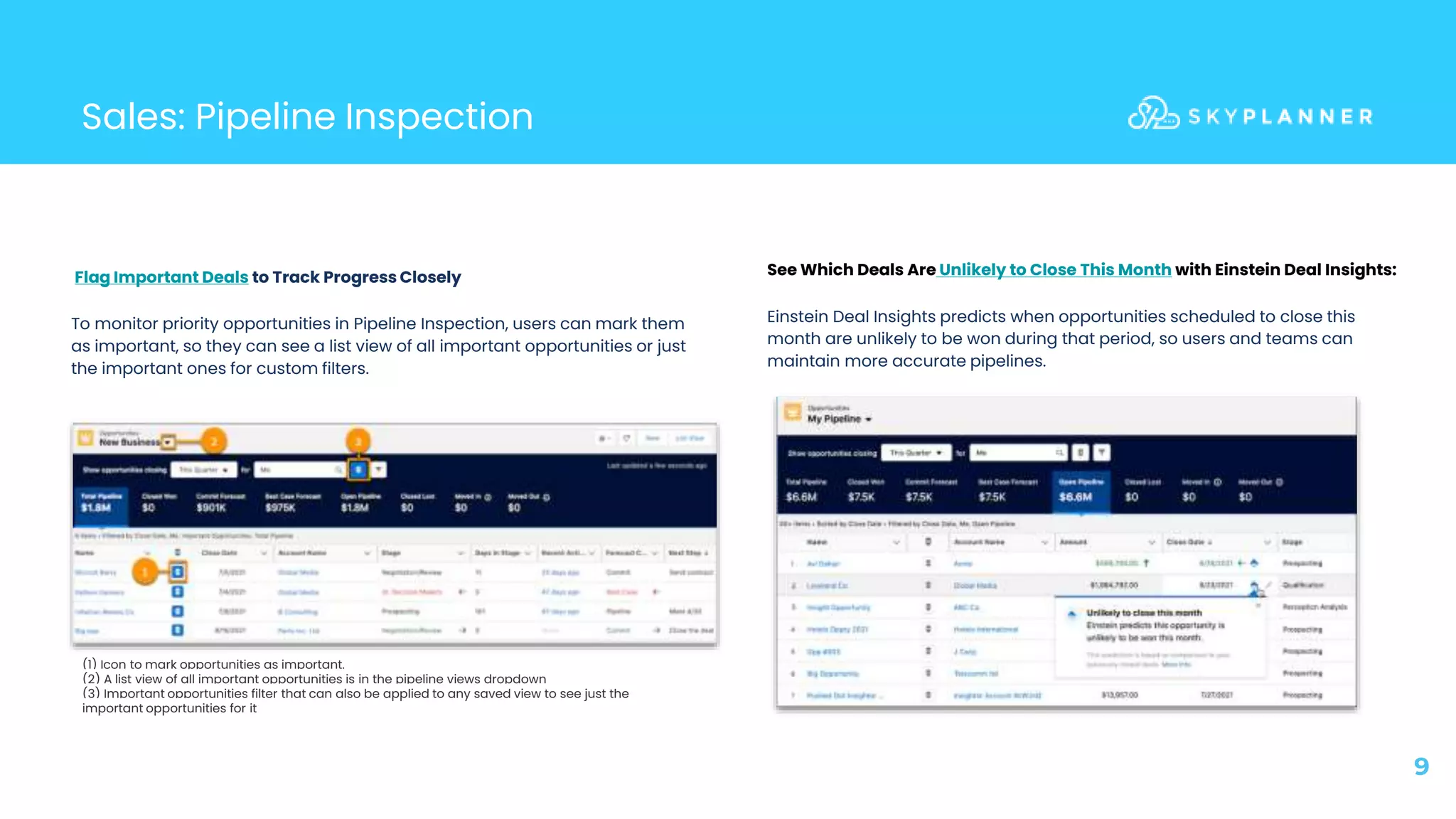 Sales: Pipeline Inspection
9
Flag Important Deals to Track Progress Closely
To monitor priority opportunities in Pipeline Inspection, users can mark them
as important, so they can see a list view of all important opportunities or just
the important ones for custom filters.
(1) Icon to mark opportunities as important.
(2) A list view of all important opportunities is in the pipeline views dropdown
(3) Important opportunities filter that can also be applied to any saved view to see just the
important opportunities for it
See Which Deals Are Unlikely to Close This Month with Einstein Deal Insights:
Einstein Deal Insights predicts when opportunities scheduled to close this
month are unlikely to be won during that period, so users and teams can
maintain more accurate pipelines.
 