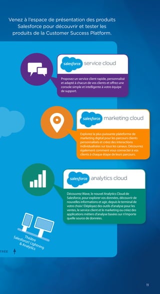 TRÉE
11
Venez à l’espace de présentation des produits
Salesforce pour découvrir et tester les
produits de la Customer Success Platform.
Explorez la plus puissante plateforme de
marketing digital pour les parcours clients
personnalisés et créez des interactions
individualisées sur tous les canaux. Découvrez
également comment vous connecter à vos
clients à chaque étape de leurs parcours.
Proposez un service client rapide, personnalisé
et adapté à chacun de vos clients et offrez une
console simple et intelligente à votre équipe
de support.
Découvrez Wave, le nouvel Analytics Cloud de
Salesforce, pour explorer vos données, découvrir de
nouvelles informations et agir, depuis le terminal de
votre choix ! Déployez des outils d’analyse pour les
ventes, le service client et le marketing ou créez des
applications métiers d’analyse basées sur n’importe
quelle source de données.
Théâtre
Salesforce1 Lightning
& Analytics
 