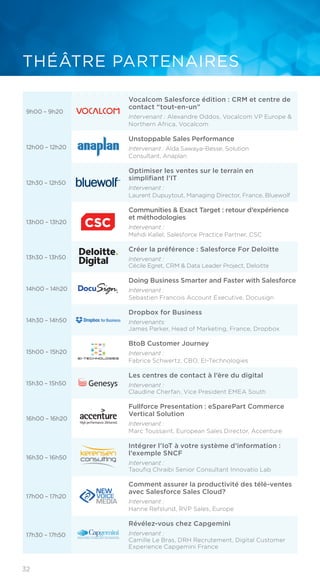 32
THÉÂTRE PARTENAIRES
9h00 – 9h20
Vocalcom Salesforce édition : CRM et centre de
contact “tout-en-un”
Intervenant : Alexandre Oddos, Vocalcom VP Europe &
Northern Africa, Vocalcom
12h00 – 12h20
Unstoppable Sales Performance
Intervenant : Alda Sawaya-Besse, Solution
Consultant, Anaplan
12h30 – 12h50
Optimiser les ventes sur le terrain en
simplifiant l’IT
Intervenant :
Laurent Dupuytout, Managing Director, France, Bluewolf
13h00 – 13h20
Communities & Exact Target : retour d’expérience
et méthodologies
Intervenant :
Mehdi Kallel, Salesforce Practice Partner, CSC
13h30 – 13h50
Créer la préférence : Salesforce For Deloitte
Intervenant :
Cécile Egret, CRM & Data Leader Project, Deloitte
14h00 – 14h20
Doing Business Smarter and Faster with Salesforce
Intervenant :
Sebastien Francois Account Executive, Docusign
14h30 – 14h50
Dropbox for Business
Intervenants:
James Parker, Head of Marketing, France, Dropbox
15h00 – 15h20
BtoB Customer Journey
Intervenant :
Fabrice Schwertz, CBO, EI-Technologies
15h30 – 15h50
Les centres de contact à l’ère du digital
Intervenant :
Claudine Cherfan, Vice President EMEA South
16h00 – 16h20
Fullforce Presentation : eSparePart Commerce
Vertical Solution
Intervenant :
Marc Toussaint, European Sales Director, Accenture
16h30 – 16h50
Intégrer l’IoT à votre système d’information :
l’exemple SNCF
Intervenant :
Taoufiq Chraibi Senior Consultant Innovatio Lab
17h00 – 17h20
Comment assurer la productivité des télé-ventes
avec Salesforce Sales Cloud?
Intervenant :
Hanne Refslund, RVP Sales, Europe
17h30 – 17h50
Révélez-vous chez Capgemini
Intervenant :
Camille Le Bras, DRH Recrutement, Digital Customer
Experience Capgemini France
 