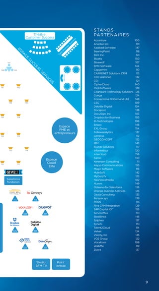 9
103102
107108
104
112
105
111
Salesforce
fondation
Théâtre
Customer Success
ESPA
C
E
SU
C
C
ESS
SER
V
IC
ES
Espace
PME et
entrepreneurs
Espace
Cloud
Elite
Studio
BFM TV
Point
presse
114 113
120 119
134
126 125
130 129
141 140
135
147
148 146
Accueil
C
afé
Prem
ierSuccess
STANDS
PARTENAIRES
Accenture	100
Anaplan Inc.	 101
Azalead Software	 147
BearingPoint	118
Birst Inc.	 141
Bluetis	150
Bluewolf	107
BMC Software	 144
Capgemini	110
CARRENET Solutions CRM	 113
CDC Arkhinéo	 132
CGI	121
CipherCloud	140
ClickSoftware	128
Cognizant Technology Solutions	 126
Conga	124
Cornerstone OnDemand Ltd	 148
CSC	109
Deloitte Digital	 104
Docapost	138
DocuSign, Inc	 103
Dropbox for Business	 105
EI-Technologies	106
Enxoo	146
EXL Group	 154
Followanalytics	137
Genesys	112
GEOCONCEPT	152
IBM	143
Ikumbi Solutions	 117
Informatica	120
Intercloud	156
Karoo	130
Kerensen Consulting	 111
Keyyo Communications	 153
Magic Software	 116
MuleSoft	142
MyCorpTv	123
NewVoiceMedia	102
Numm	149
Odaseva for Salesforce	 136
Orange Business Services	 125
Oxala Consulting	 133
Perspecsys	139
PROS	115
Riva CRM Integration	 129
S&P Capital IQ™	 155
ServiceMax	131
SteelBrick	145
Sylpheo	157
Synefo	151
Talent2Cloud	114
Velvet	134
Vlocity, Inc	 135
VO2 Group	 122
Vocalcom 	 108
WalkMe	119
Zuora	127
 