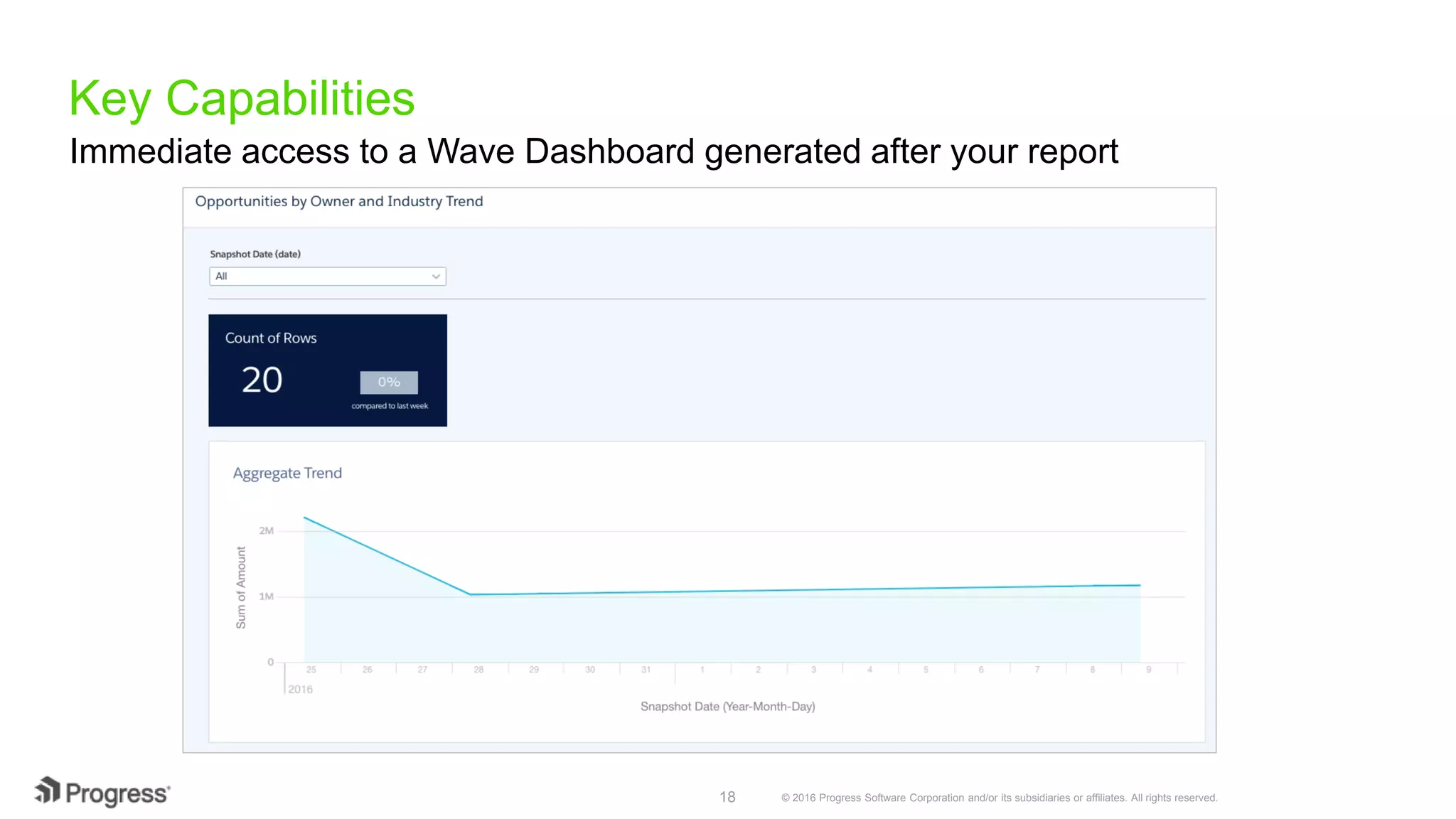 © 2016 Progress Software Corporation and/or its subsidiaries or affiliates. All rights reserved.18 Key Capabilities Immediate access to a Wave Dashboard generated after your report 