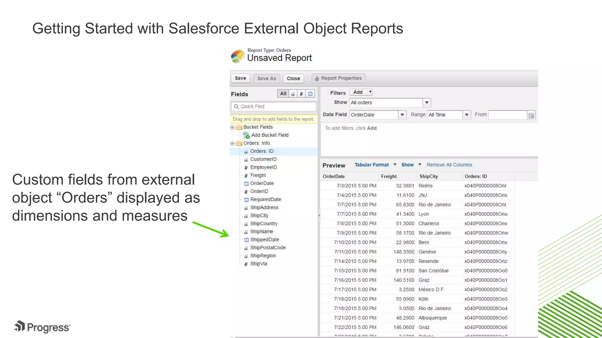 © 2016 Progress Software Corporation and/or its subsidiaries or affiliates. All rights reserved.26 Getting Started with Salesforce External Object Reports Custom fields from external object “Orders” displayed as dimensions and measures 