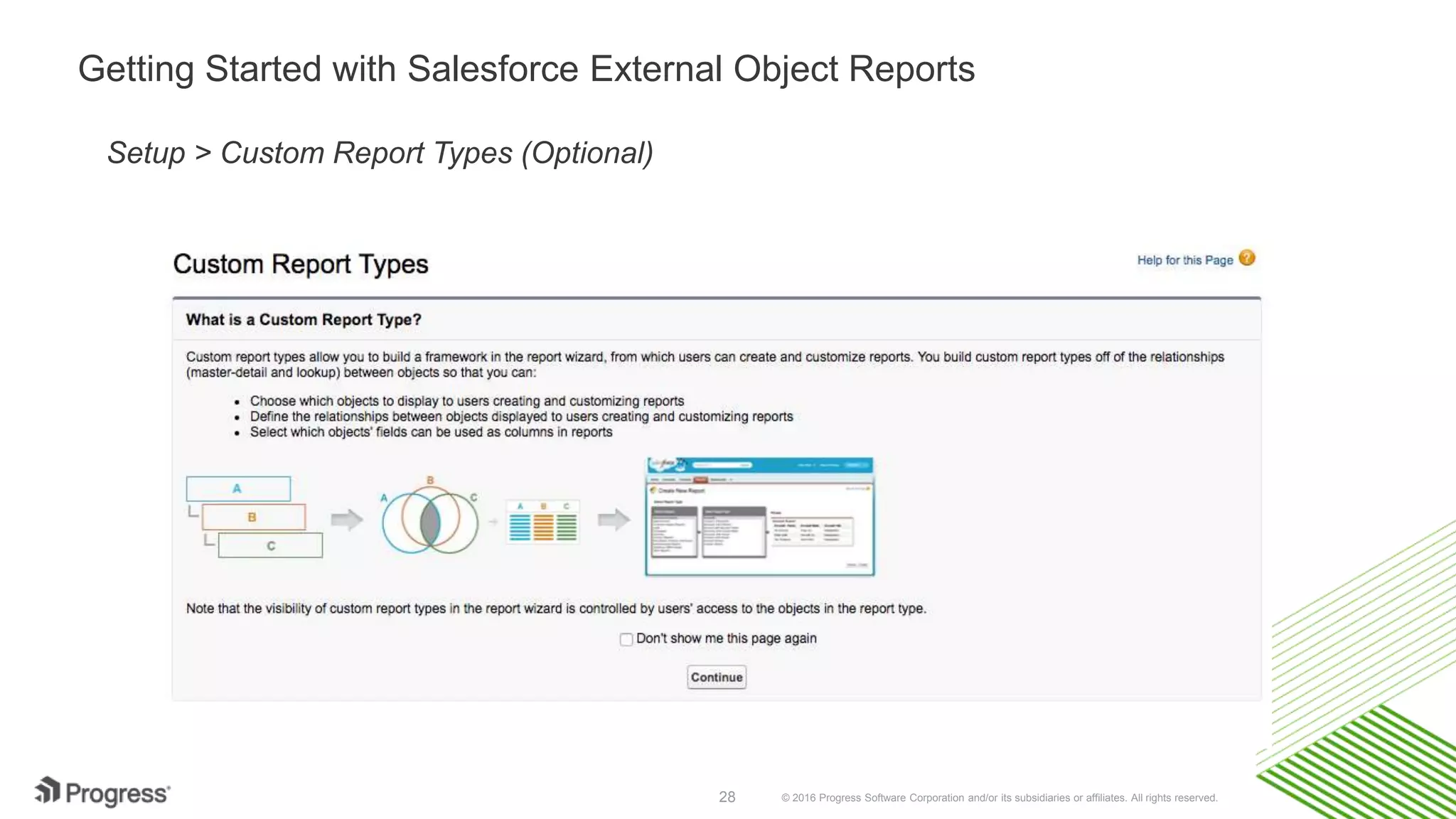 © 2016 Progress Software Corporation and/or its subsidiaries or affiliates. All rights reserved.28 Getting Started with Salesforce External Object Reports Setup > Custom Report Types (Optional) 