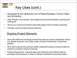 Global clinical trial solutions.
Real-world results.
© 2011 BioClinica, Inc. – Proprietary and Confidential
Key Uses (cont.)
• Developed for the collaborative use of Project Managers, Finance, Sales
and Contracting
• Goal: Provide a user-friendly, value-added and accurate forecasting, reporting and
tracking file
• Serves as a control and internal audit check against actual monthly processing.
• Provides a basis for labor/resource planning
Ongoing Project Elements
• Work with CRM and contracting to streamline data and capture standardize metrics
(e.g. Master Customer List, Project codes, Contract Components, Customized
queries)
• Work with Corporate Accounting to better understand coding of actuals to allow for
tracking of customer actuals vs forecast
• Process Development – Develop ideas and implement more efficient internal
processes and procedures in order to maintain consistent and accurate results.
 