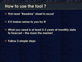 How to use the tool ?
 First read “Readme” sheet in excel. If it makes sense
 , try it!

 What you need is at least 2-3 ye...
