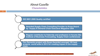 5
ISO 9001:2008 Quality certified
Awarded Supply Chain Consulting Provider to Know Award
by Supply & Demand Chain Executive Magazine USA
Regular contributor to fraternity and profession in forums like
Institute of Business Forecasting, Supply Chain conferences
Our Demantra project with Nuqul Awarded amongst 100 best
projects world wide in 2013 for creating impact in the supply
chain
Characteristics
About Gazelle
© Gazelle Information Technologies Pvt. Ltd. All Rights Reserved-Privileged and Confidential
 