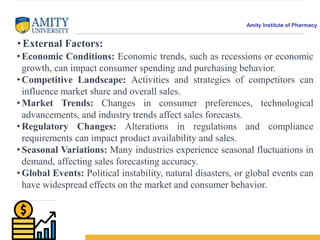 • External Factors:
• Economic Conditions: Economic trends, such as recessions or economic
growth, can impact consumer spending and purchasing behavior.
• Competitive Landscape: Activities and strategies of competitors can
influence market share and overall sales.
• Market Trends: Changes in consumer preferences, technological
advancements, and industry trends affect sales forecasts.
• Regulatory Changes: Alterations in regulations and compliance
requirements can impact product availability and sales.
• Seasonal Variations: Many industries experience seasonal fluctuations in
demand, affecting sales forecasting accuracy.
• Global Events: Political instability, natural disasters, or global events can
have widespread effects on the market and consumer behavior.
Amity Institute of Pharmacy
 