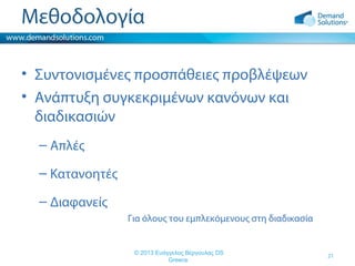 Μεθοδολογία
• Συντονισμένες προσπάθειες προβλέψεων
• Ανάπτυξη συγκεκριμένων κανόνων και
διαδικασιών
– Απλές
– Κατανοητές
– Διαφανείς
Για όλους του εμπλεκόμενους στη διαδικασία
© 2013 Ευάγγελος Βέργουλας DS
Greece

21

 