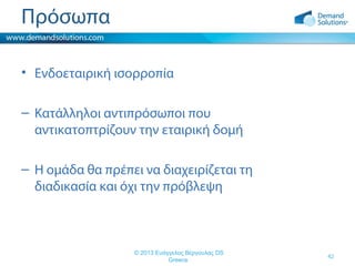 Πρόσωπα
• Ενδοεταιρική ισορροπία
– Κατάλληλοι αντιπρόσωποι που
αντικατοπτρίζουν την εταιρική δομή
– Η ομάδα θα πρέπει να διαχειρίζεται τη
διαδικασία και όχι την πρόβλεψη

© 2013 Ευάγγελος Βέργουλας DS
Greece

42

 
