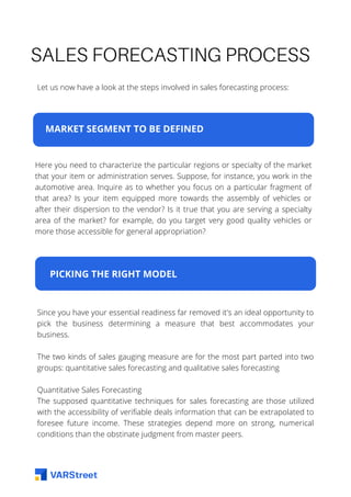 SALES FORECASTING PROCESS
Let us now have a look at the steps involved in sales forecasting process:
MARKET SEGMENT TO BE DEFINED
Here you need to characterize the particular regions or specialty of the market
that your item or administration serves. Suppose, for instance, you work in the
automotive area. Inquire as to whether you focus on a particular fragment of
that area? Is your item equipped more towards the assembly of vehicles or
after their dispersion to the vendor? Is it true that you are serving a specialty
area of the market? for example, do you target very good quality vehicles or
more those accessible for general appropriation?
PICKING THE RIGHT MODEL
Since you have your essential readiness far removed it's an ideal opportunity to
pick the business determining a measure that best accommodates your
business.
The two kinds of sales gauging measure are for the most part parted into two
groups: quantitative sales forecasting and qualitative sales forecasting
Quantitative Sales Forecasting
The supposed quantitative techniques for sales forecasting are those utilized
with the accessibility of verifiable deals information that can be extrapolated to
foresee future income. These strategies depend more on strong, numerical
conditions than the obstinate judgment from master peers.
 
