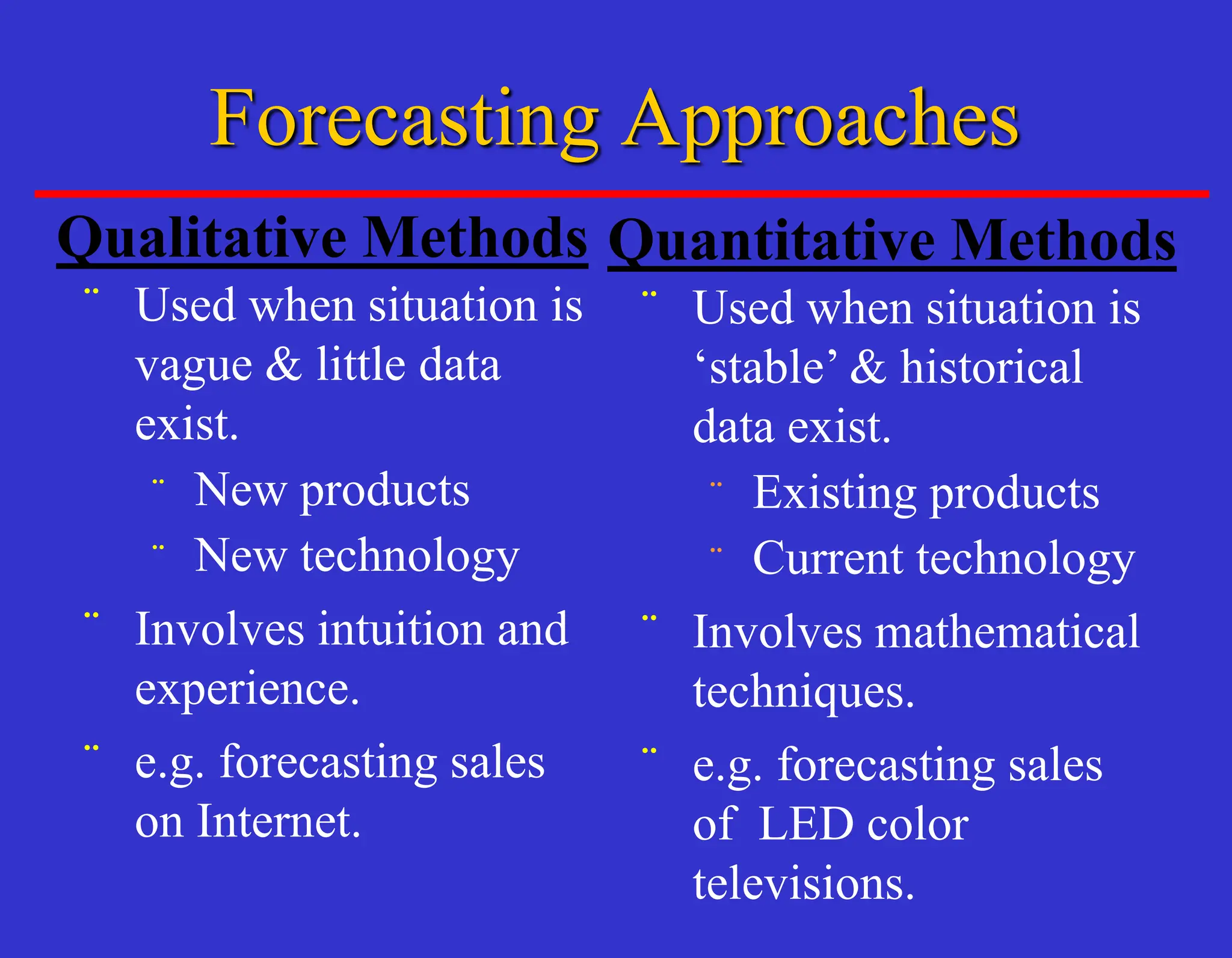 Forecasting Approaches
¨ Used when situation is
‘stable’ & historical
data exist.
¨ Existing products
¨ Current technology
¨ Involves mathematical
techniques.
¨ e.g. forecasting sales
of LED color
televisions.
Quantitative Methods
¨ Used when situation is
vague & little data
exist.
¨ New products
¨ New technology
¨ Involves intuition and
experience.
¨ e.g. forecasting sales
on Internet.
Qualitative Methods
 