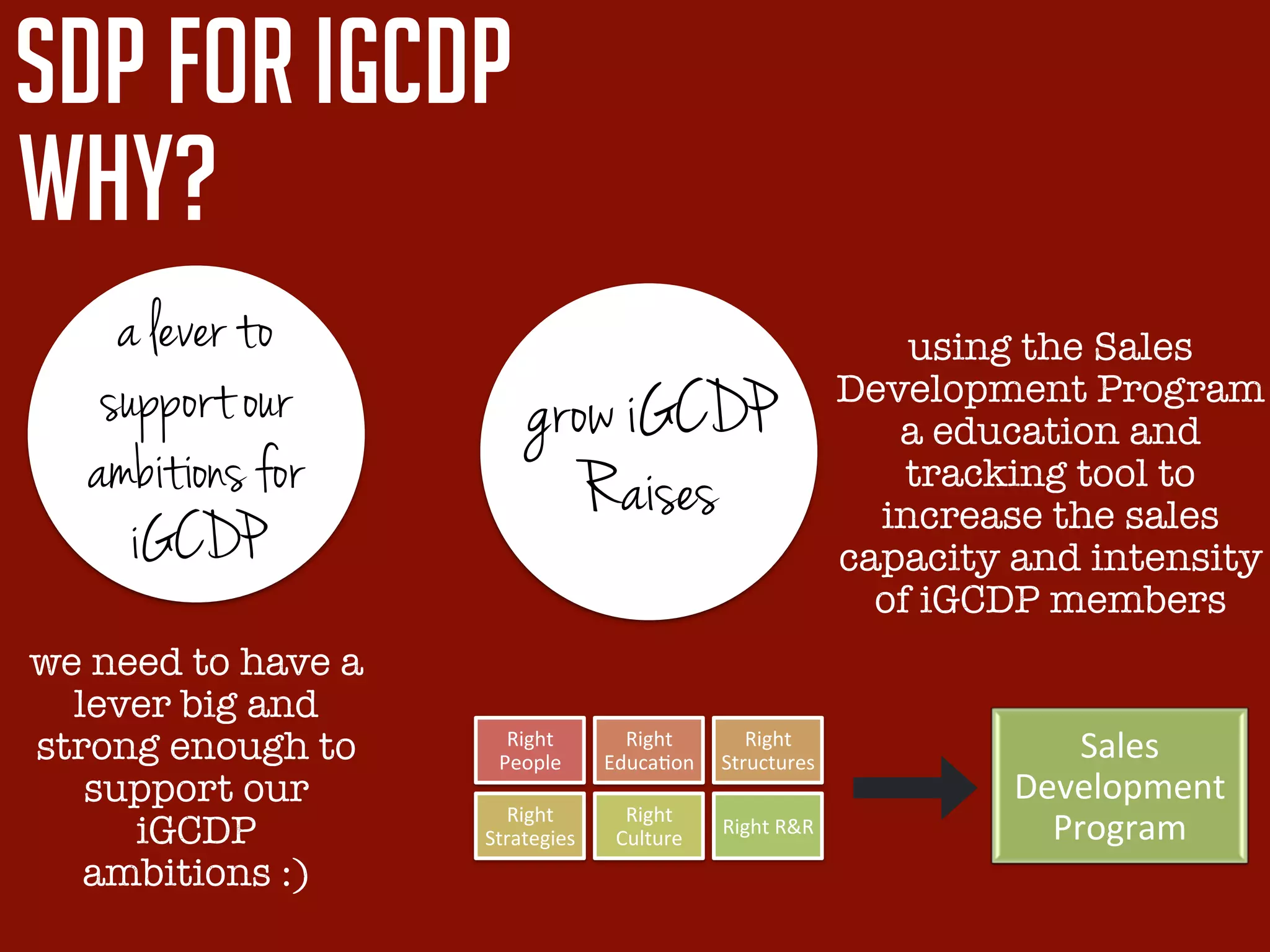 a lever to
support our
ambitions for
iGCDP
grow iGCDP
Raises
we need to have a
lever big and
strong enough to
support our
iGCDP
ambitions :)
sdp for igCDP
why?
Right&
People&
Right&
Educa1on&&
Right&
Structures&
Right&
Strategies&
Right&
Culture&
Right&R&R&
using the Sales
Development Program
a education and
tracking tool to
increase the sales
capacity and intensity
of iGCDP members
Sales&
Development&
Program&
 