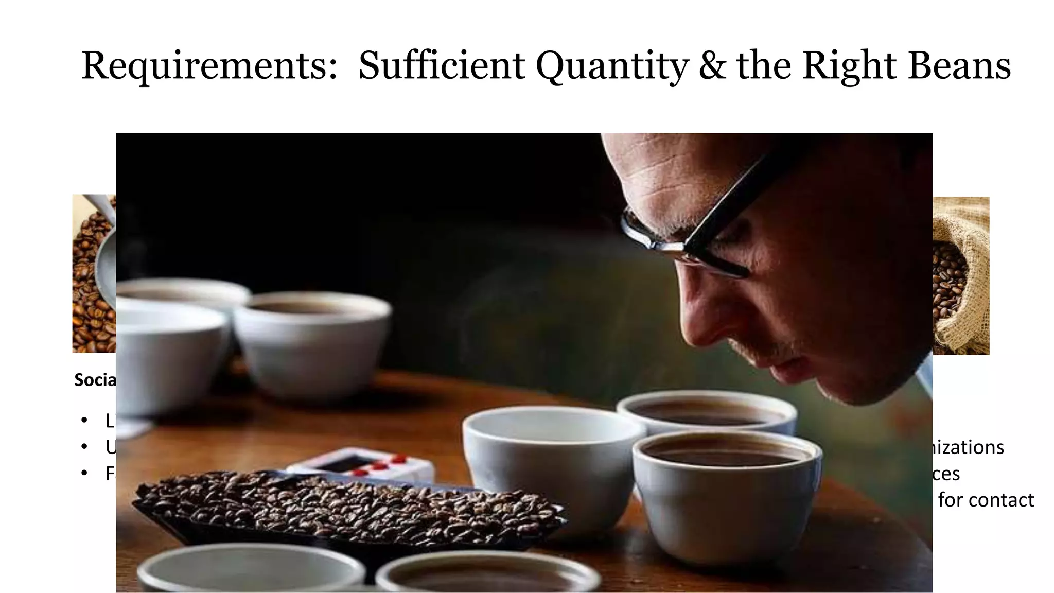 • LinkedIn Groups
• Use # (hashtags)
• Facebook Advertising
• Use lead forms
• Avoid banner ads
• Demonstrate expertise and
authenticity
• Problem solving, entertainment,
information
• Meetup Groups
• Networking Organizations
• Industry conferences
• Offer an incentive for contact
Social Media Blogging Events/ Networking
Requirements: Sufficient Quantity & the Right Beans
 