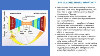 WHY IS A SALES FUNNEL IMPORTANT?
• Every business needs a constant flow of leads and
customers – with a well-designed sales funnel, you
know how to target customers at every stage of
their customers’ journey.
• Turning prospects into real customers – high
website traffic has no real value if your conversion
rate remains the same.
• Getting loyal customers – sales funnel helps your
marketing team understand which products your
customers are interested in. That way, your team
knows what recommendations would inspire your
clients to repurchase.
• Consistent and predictable revenue – with
performance analysis, you will be able to measure
how your marketing channels are performing on a
daily, weekly, and monthly basis.
• Finding drawbacks of your business – understanding
each stage of the funnel can help you find the holes
in your business system, that is the places where
prospects drop out and never convert.
 
