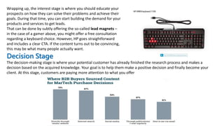 Wrapping up, the interest stage is where you should educate your
prospects on how they can solve their problems and achieve their
goals. During that time, you can start building the demand for your
products and services to get leads.
That can be done by subtly offering the so-called lead magnets –
in the case of a gamer above, you might offer a free consultation
regarding a keyboard choice. However, HP goes straightforward
and includes a clear CTA. If the content turns out to be convincing,
this may be what many people actually want.
Decision Stage
The decision-making stage is where your potential customer has already finished the research process and makes a
decision based on the acquired knowledge. Your goal is to help them make a positive decision and finally become your
client. At this stage, customers are paying more attention to what you offer
 
