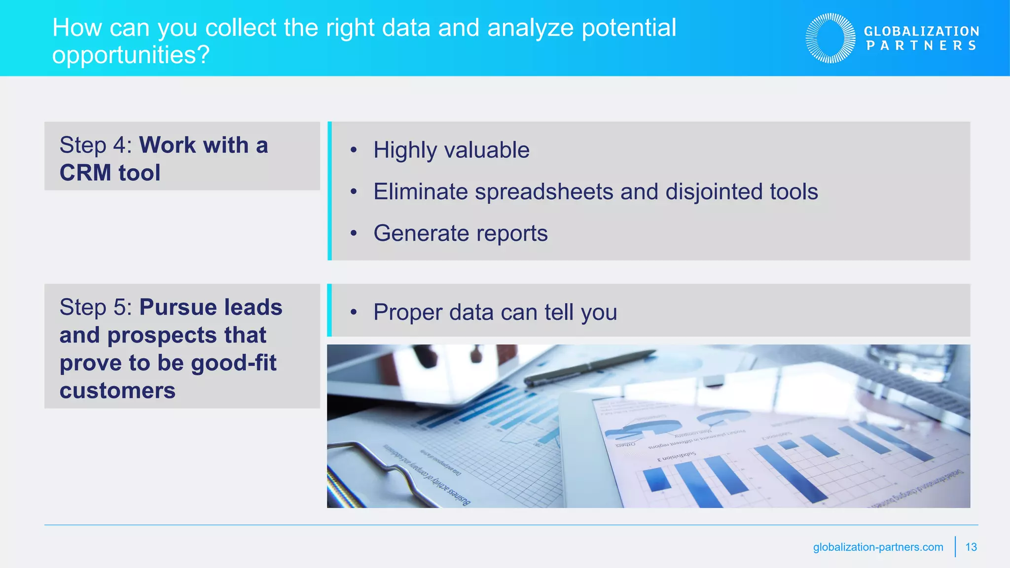 globalization-partners.com 13
How can you collect the right data and analyze potential
opportunities?
• Highly valuable
• Eliminate spreadsheets and disjointed tools
• Generate reports
Step 4: Work with a
CRM tool
Step 5: Pursue leads
and prospects that
prove to be good-fit
customers
• Proper data can tell you
 