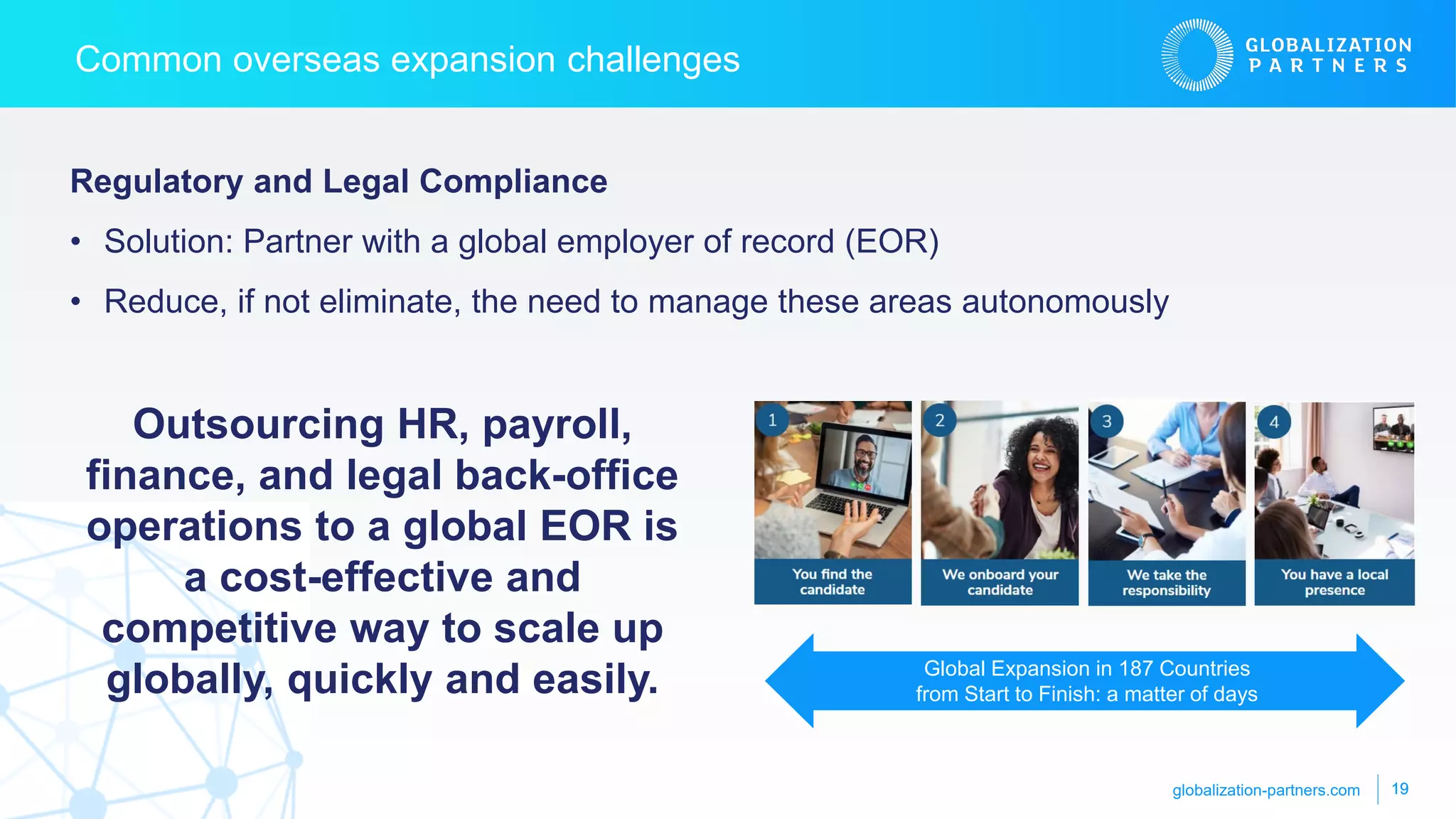 globalization-partners.com 19
Common overseas expansion challenges
Regulatory and Legal Compliance
• Solution: Partner with a global employer of record (EOR)
• Reduce, if not eliminate, the need to manage these areas autonomously
Outsourcing HR, payroll,
finance, and legal back-office
operations to a global EOR is
a cost-effective and
competitive way to scale up
globally, quickly and easily.
19
Global Expansion in 187 Countries
from Start to Finish: a matter of days
globalization-partners.com
 